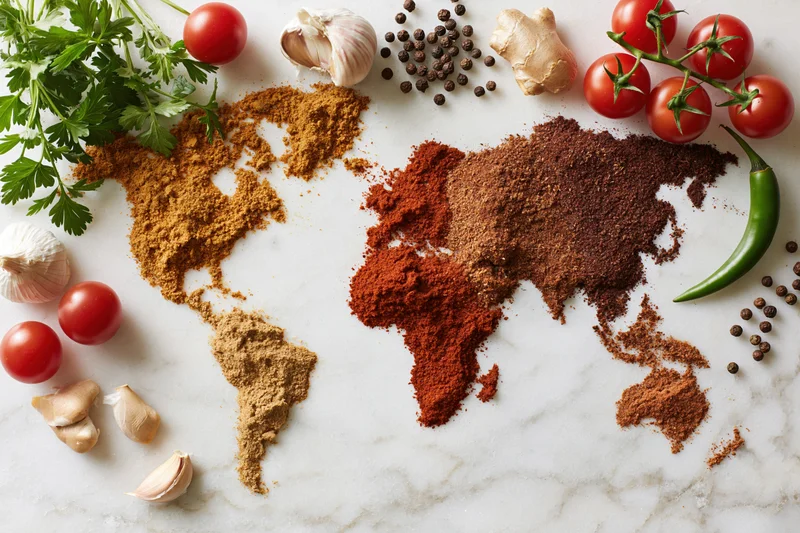 World map made from ground spices arranged on marble countertop surrounded by fresh herbs and vegetables