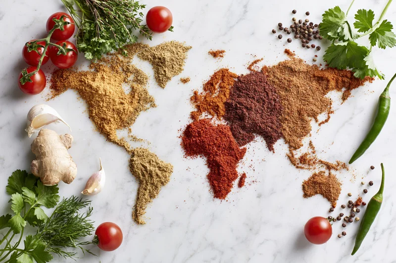 World map formed from ground spices and herbs on marble countertop