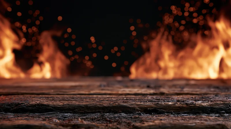Flames burning along a charred wooden plank surface at ground level at night