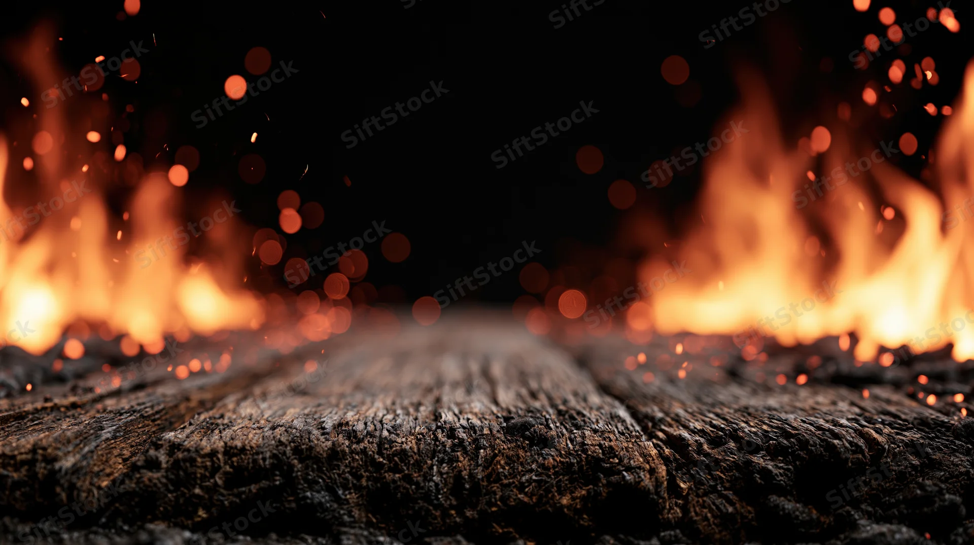 Flames burning along a charred wooden plank surface at ground level