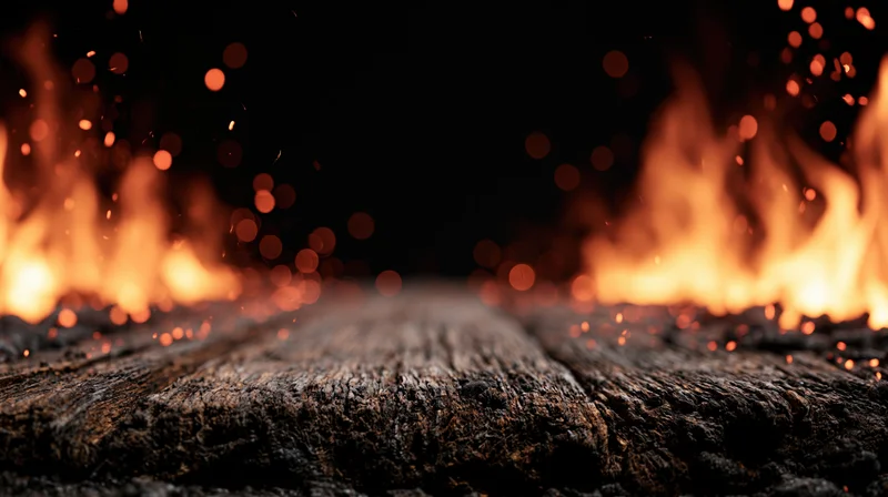 Flames burning along a charred wooden plank surface at ground level