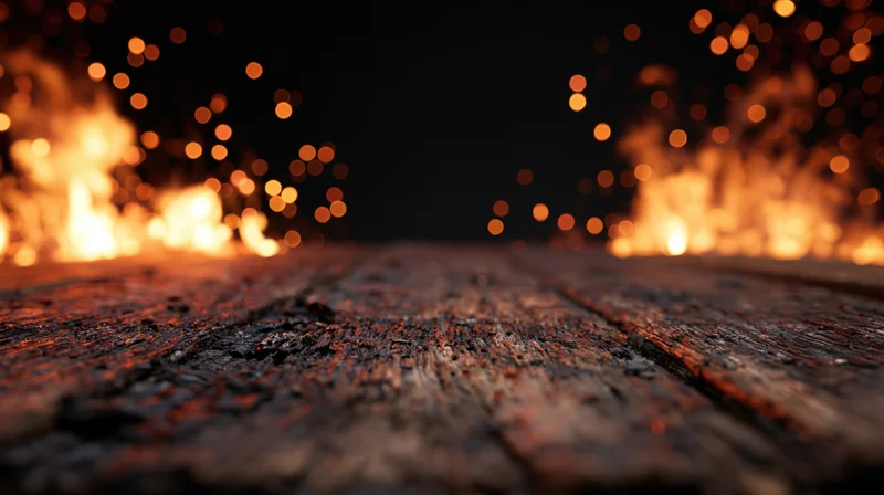 Charred wooden planks at ground level with glowing embers and flames in the background