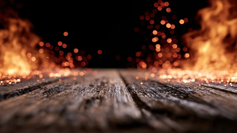 Worn dark wooden plank surface at ground level with glowing embers and bokeh lights in the background