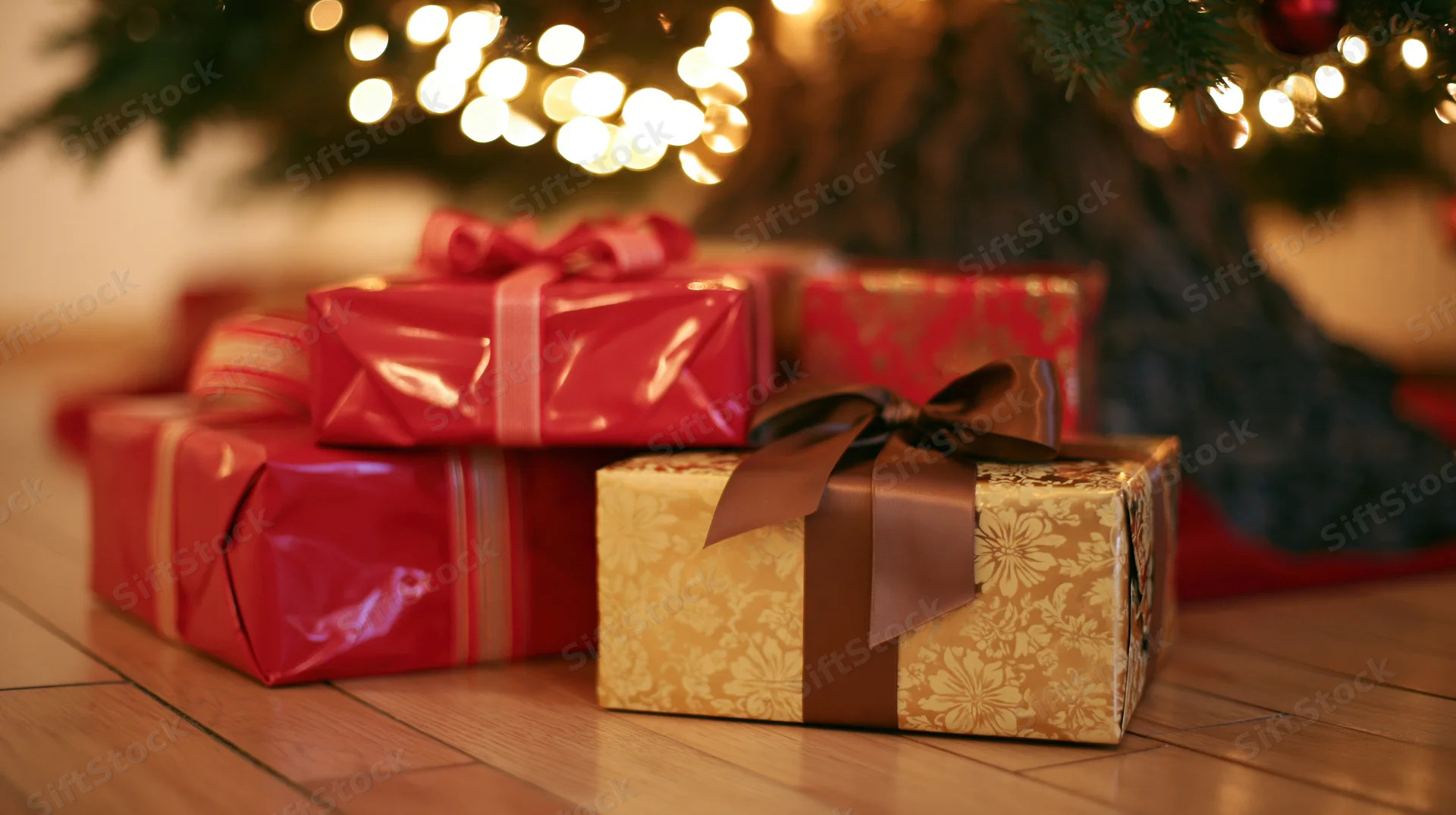 Wrapped christmas gifts stacked on hardwood floor beneath a decorated tree with glowing lights