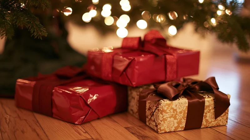 Wrapped christmas gifts stacked on hardwood floor beneath a lit tree
