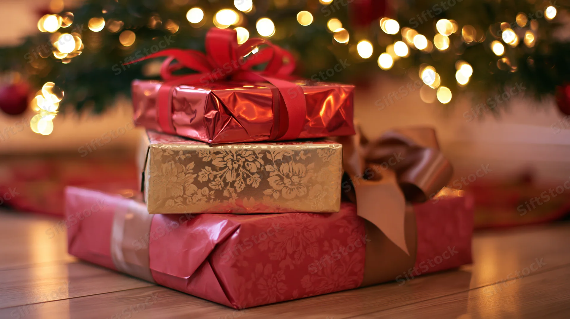 Stack of wrapped christmas gifts on hardwood floor beneath decorated tree with lights