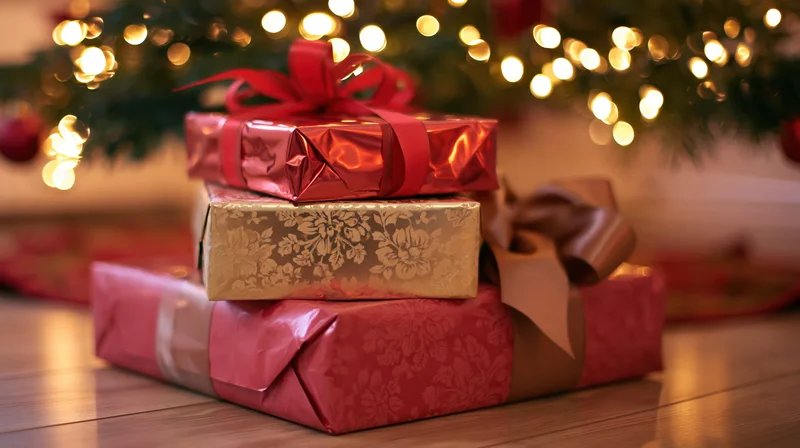 Stack of wrapped christmas gifts on hardwood floor beneath decorated tree with lights
