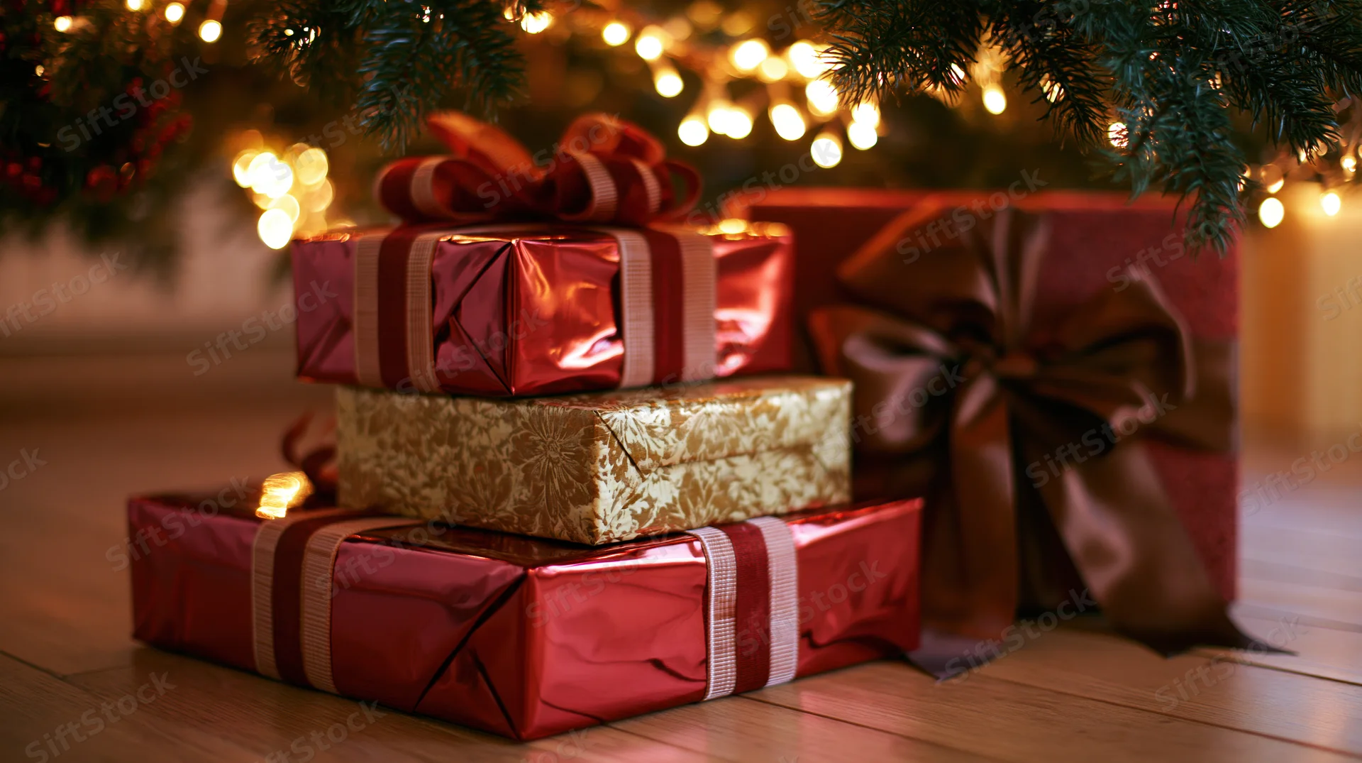 Stacked wrapped christmas gifts under a decorated tree on hardwood floor