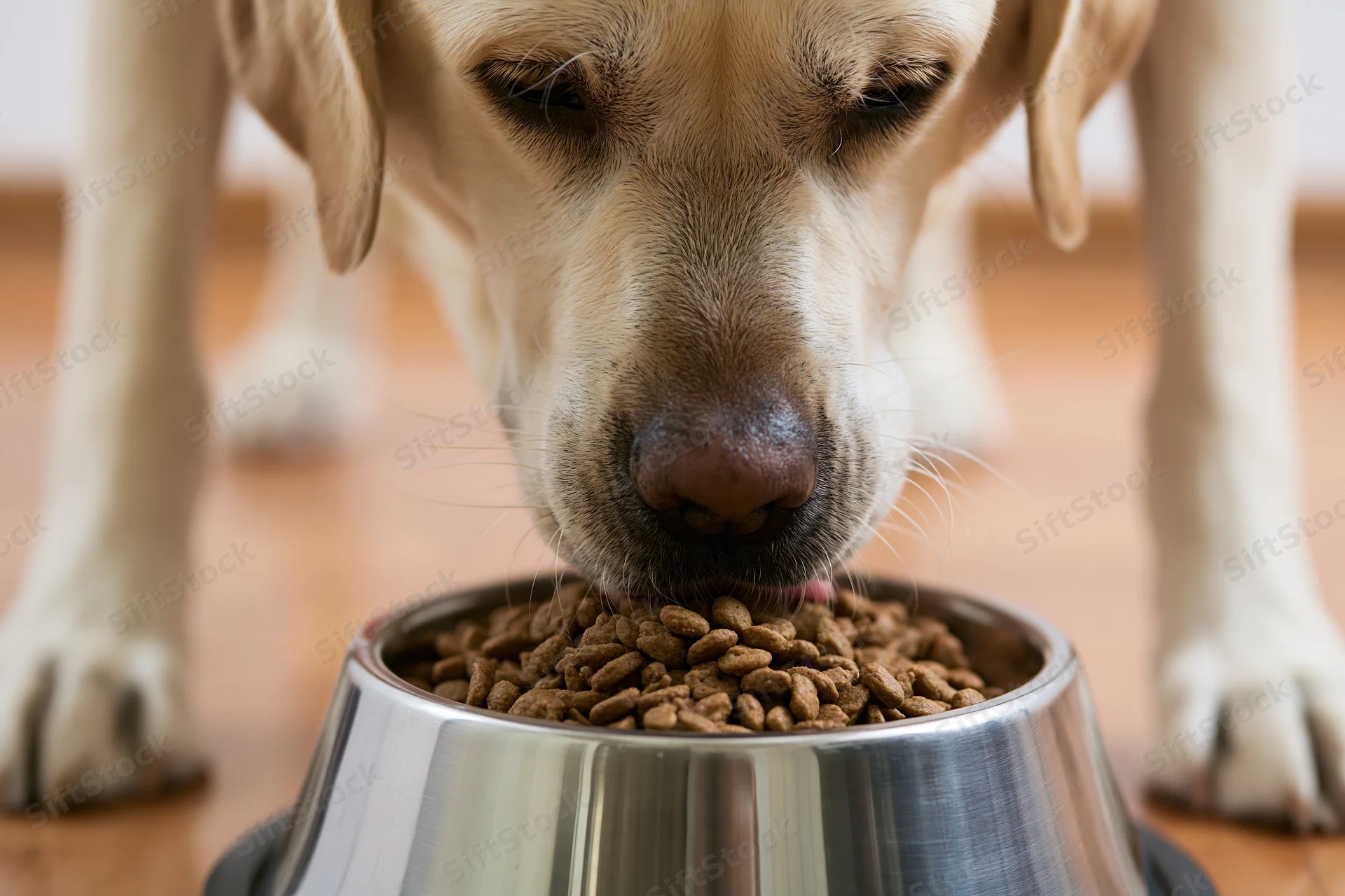 Yellow labrador eating dry kibble from a stainless steel bowl on wooden floor