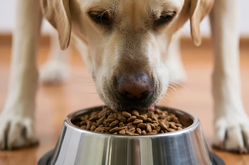 Yellow labrador eating dry kibble from a stainless steel bowl on wooden floor
