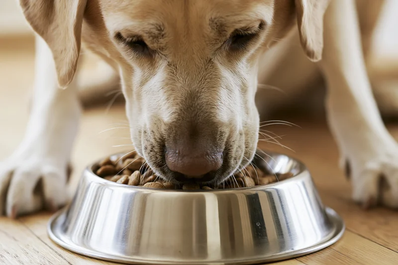 Yellow labrador eating dry kibble from a stainless steel bowl on wooden floor