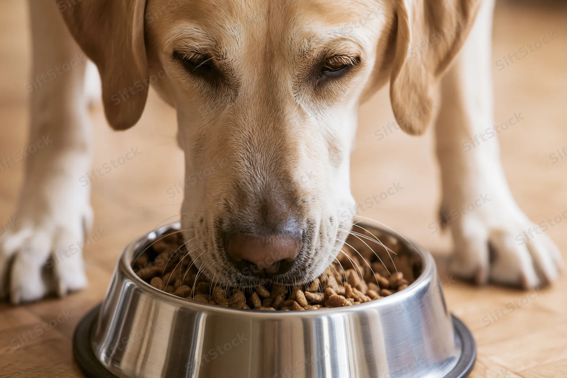 Yellow labrador eating dry kibble from a stainless steel bowl on wooden floor