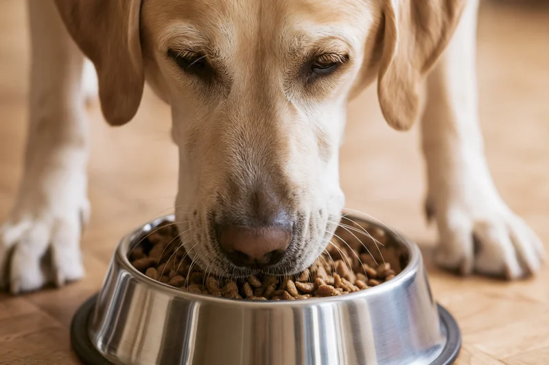 Yellow Labrador eating dry kibble from a stainless steel bowl