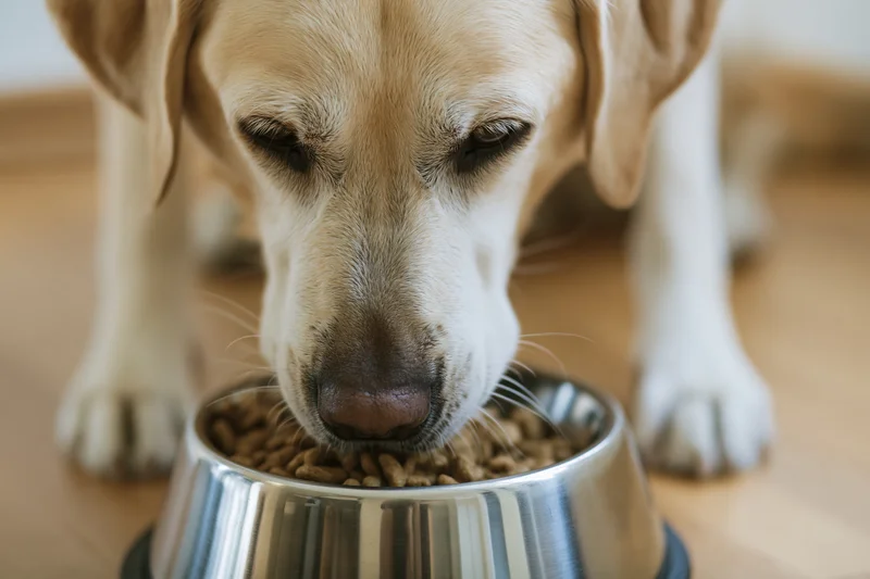 Yellow labrador eating dry kibble from a stainless steel bowl on wooden floor