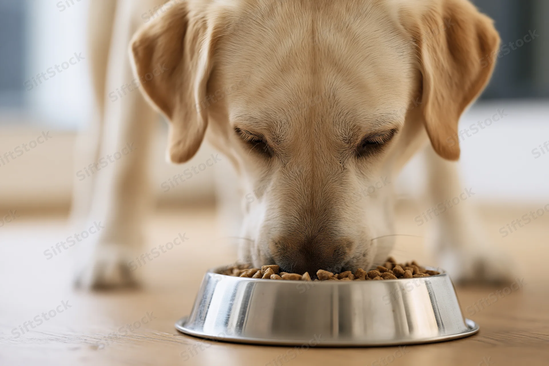 Yellow labrador eating dry kibble from a stainless steel bowl on wooden floor