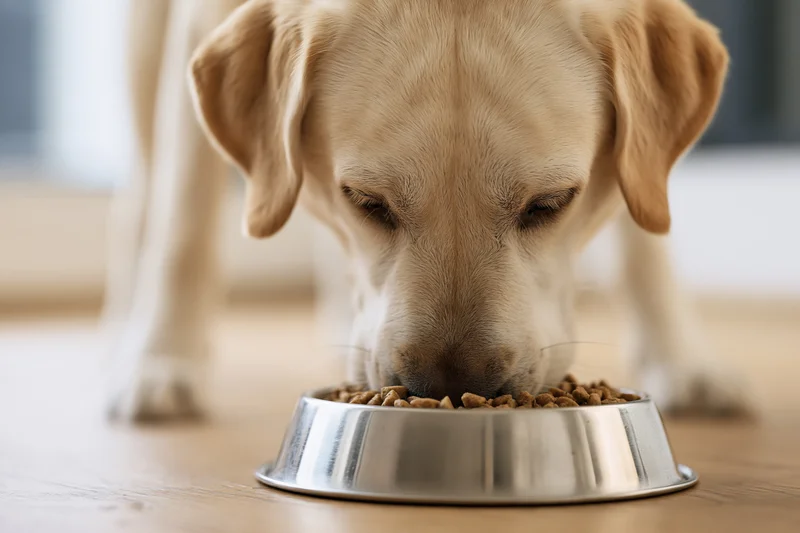 Yellow labrador eating dry kibble from a stainless steel bowl on wooden floor
