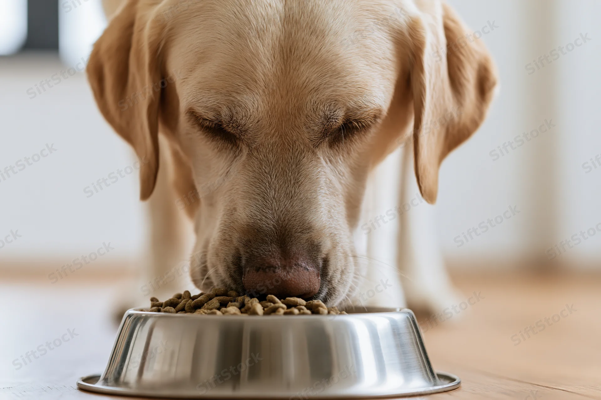 Yellow labrador eating dry kibble from a stainless steel bowl on wooden floor indoors