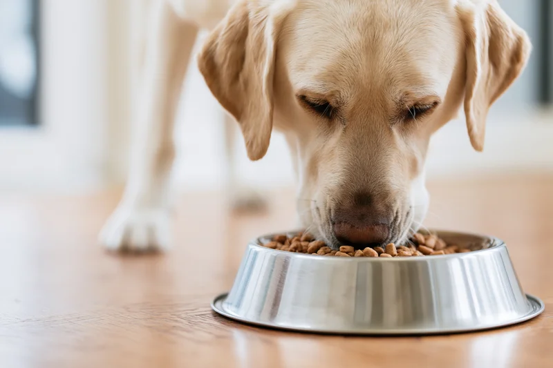 Yellow labrador eating dry kibble from a stainless steel bowl on wooden floor