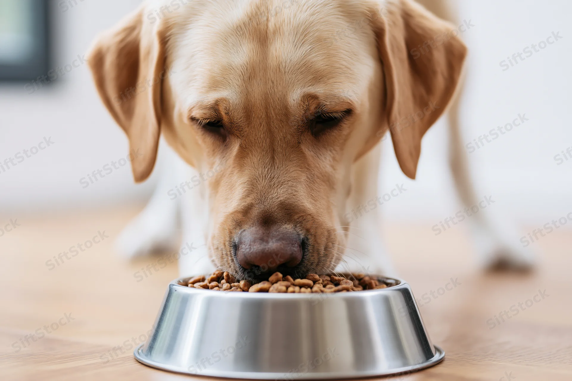 Yellow labrador eating dry kibble from a stainless steel bowl on wooden floor