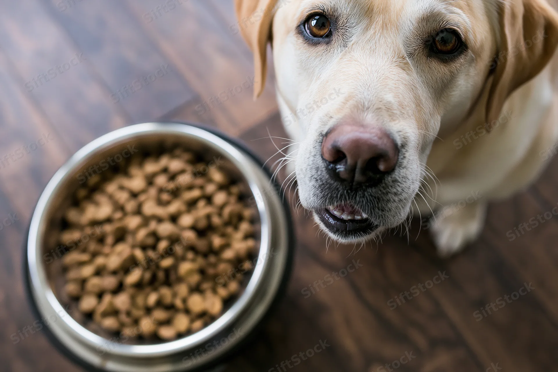 Yellow labrador mix looking up eagerly beside a full stainless steel bowl of kibble on hardwood floor