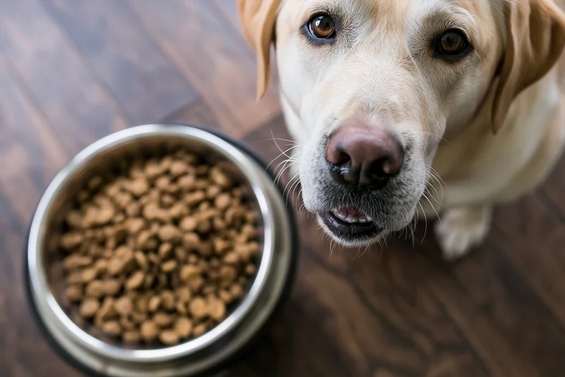 Yellow labrador mix looking up eagerly beside a full stainless steel bowl of kibble on hardwood floor