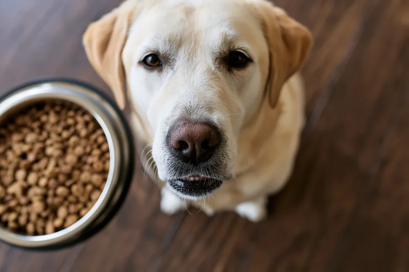 Yellow labrador mix looking up beside a full stainless steel bowl of dry kibble on hardwood floor