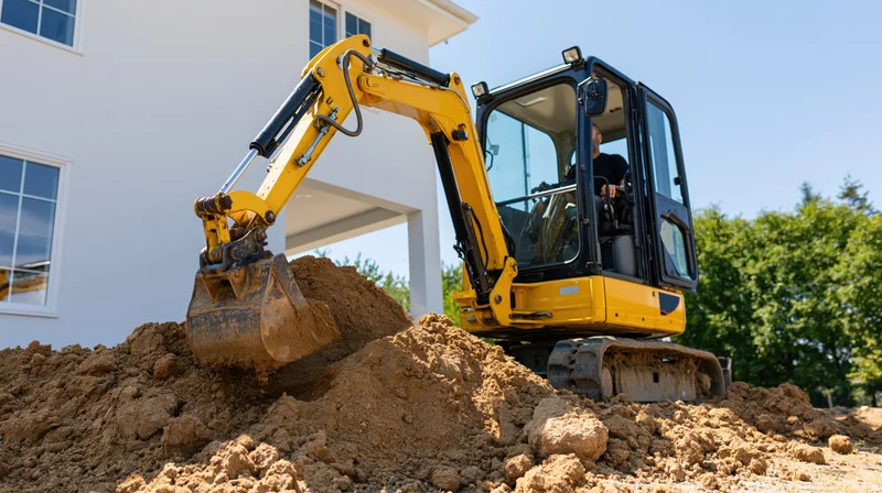 Yellow compact excavator digging soil at a residential construction site