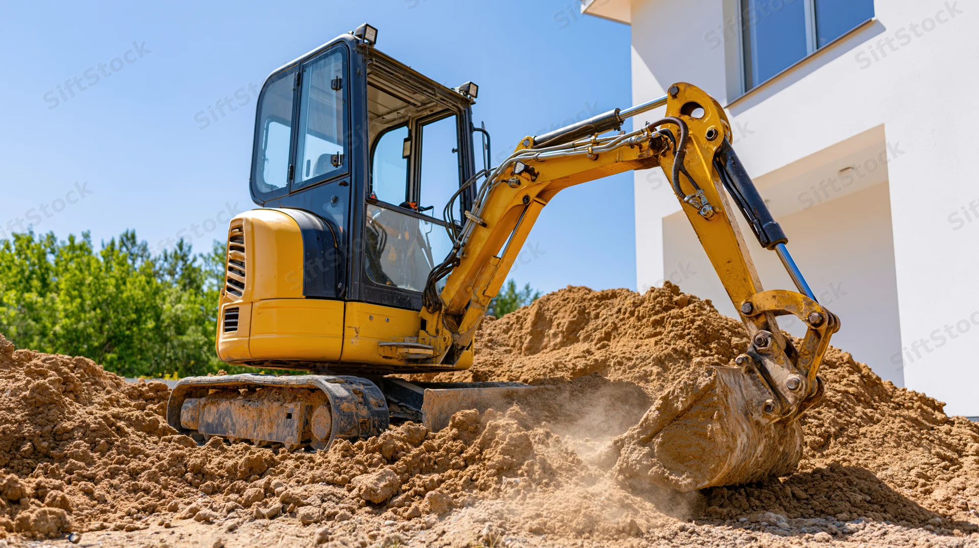 Yellow compact excavator digging soil at a residential construction site