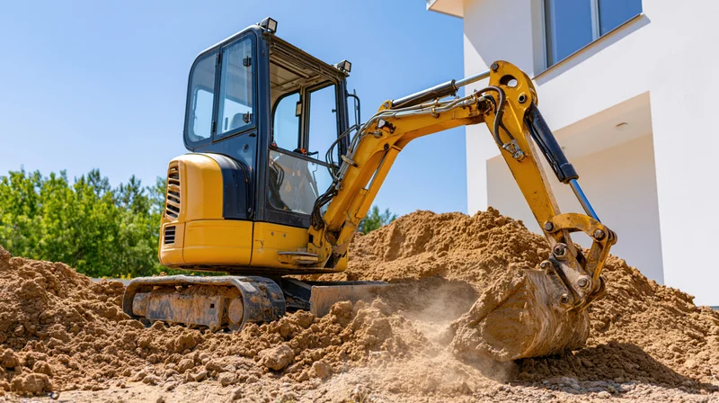 Yellow compact excavator digging soil at a residential construction site