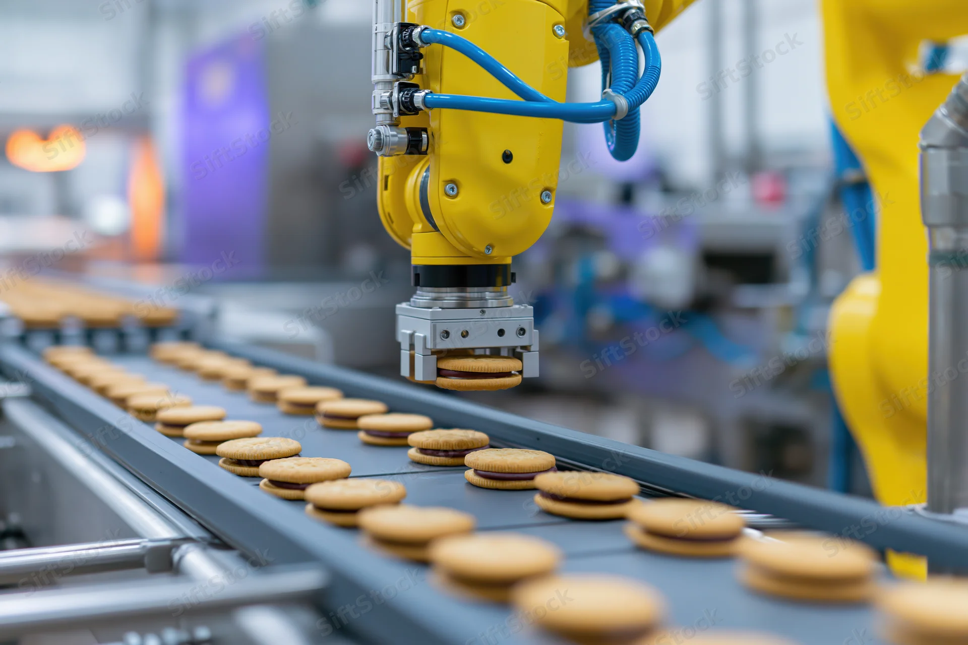 Yellow robotic arm picking sandwich biscuits from a conveyor in a factory