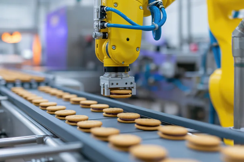 Yellow robotic arm picking sandwich biscuits from a conveyor in a factory