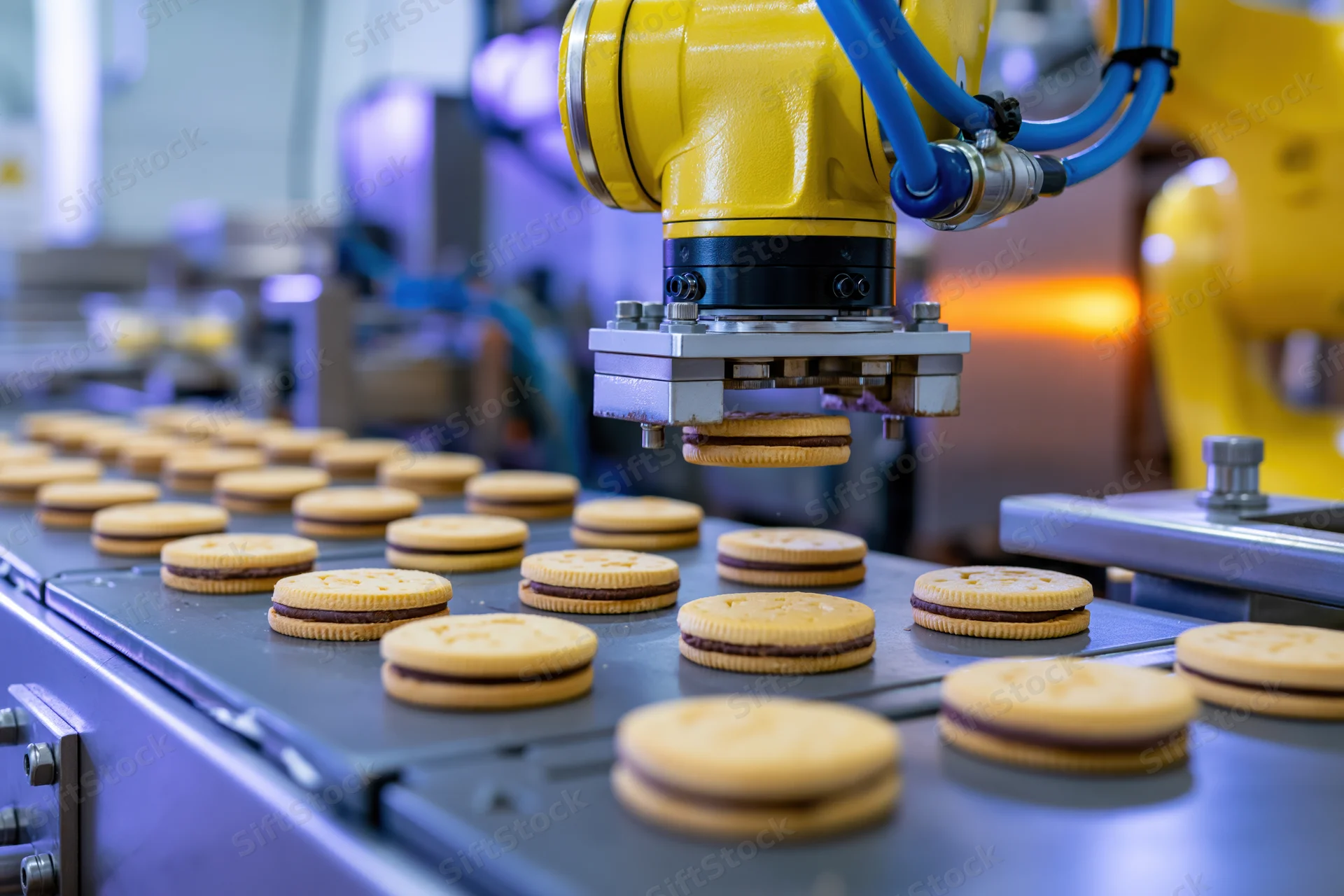Yellow robotic arm picking sandwich biscuits from a conveyor belt in a factory