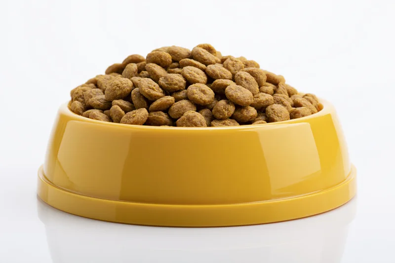 Yellow plastic pet food bowl heaped with dry kibble on white background