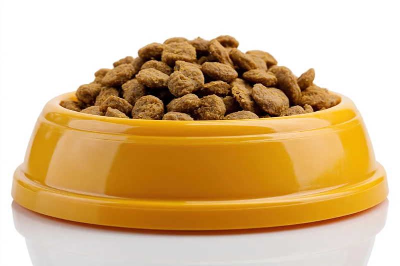 Yellow plastic pet food bowl heaped with dry brown kibble on white background