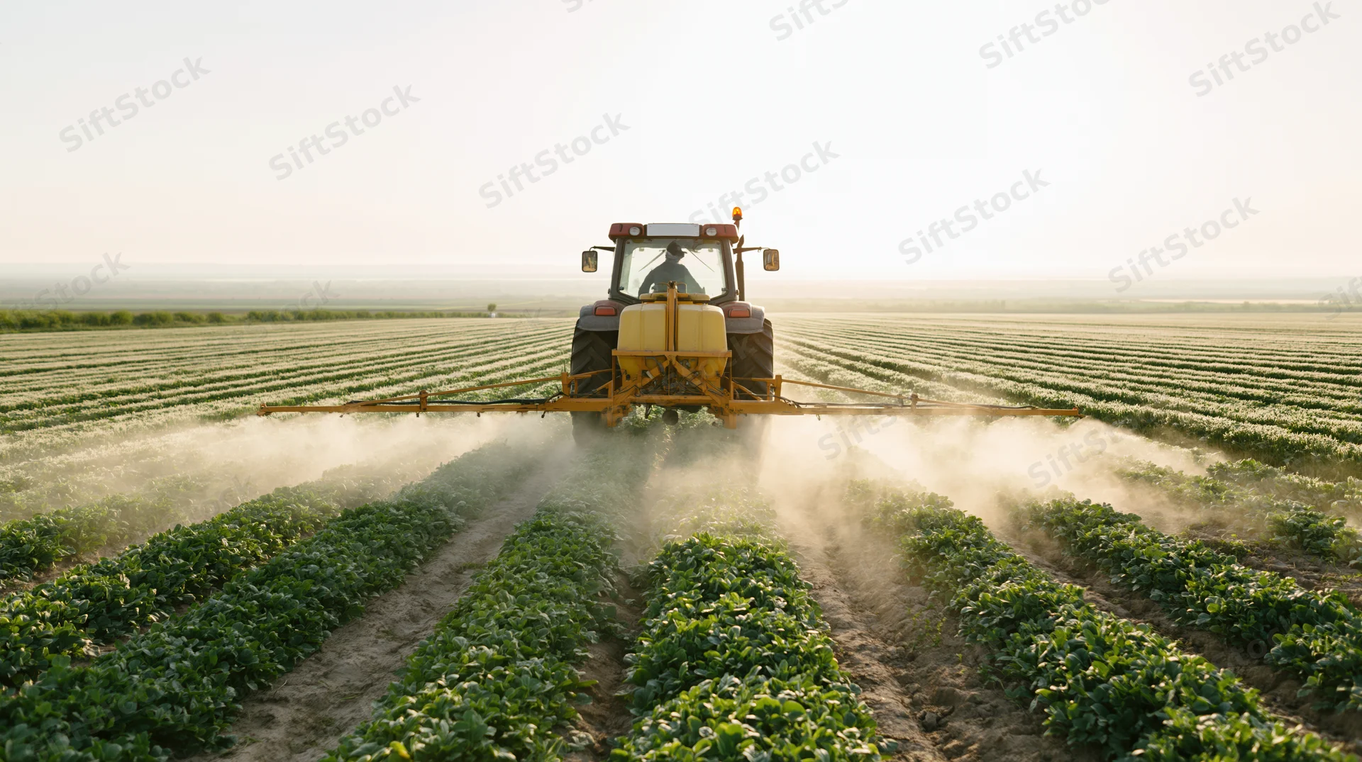 Tractor spraying crops in a field