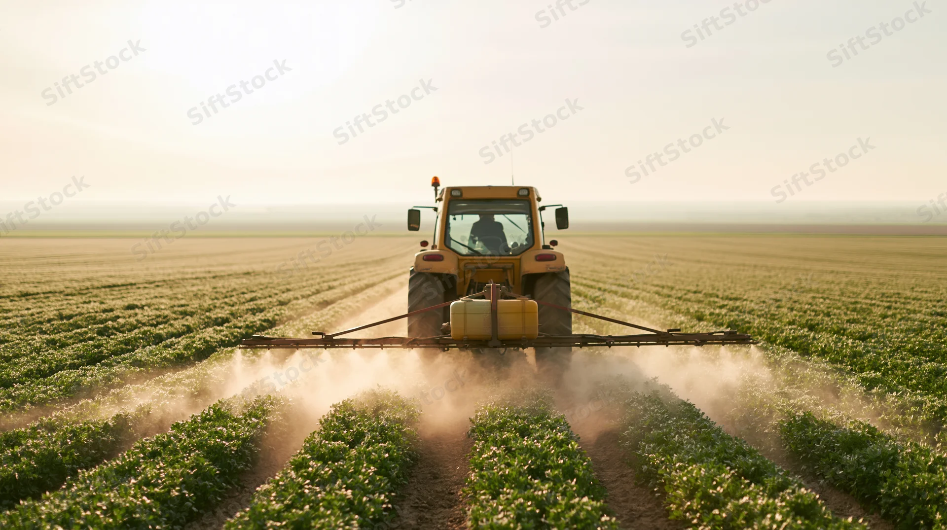 Yellow tractor with rear-mounted spray boom moving away from camera across a green crop field