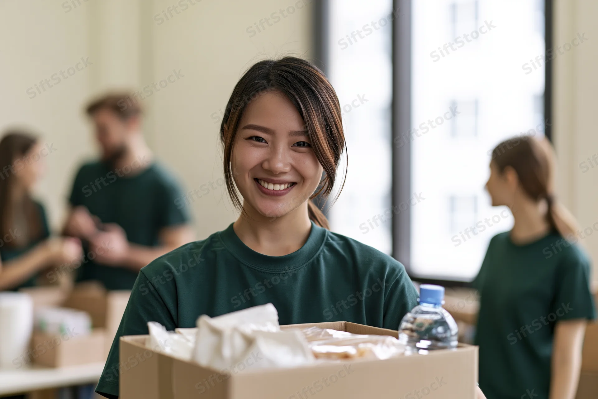 Young asian woman smiling while holding a cardboard box filled with food supplies in a community room