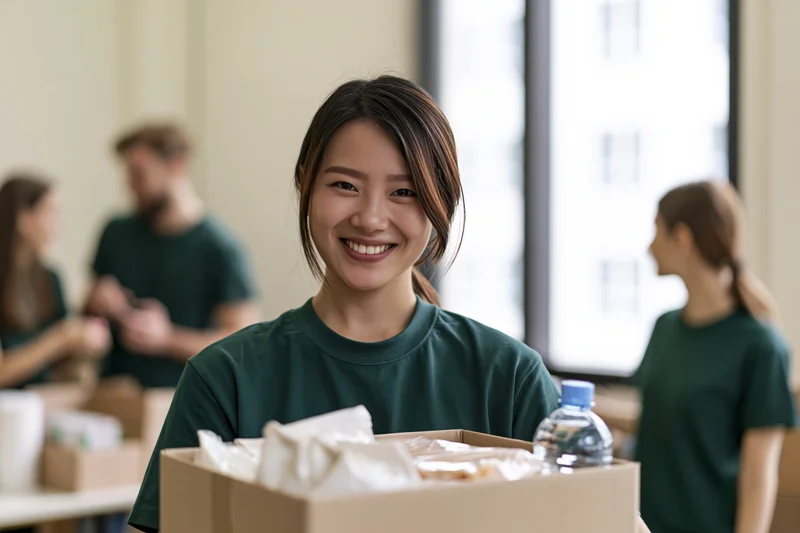 Young asian woman smiling while holding a cardboard box filled with food supplies in a community room