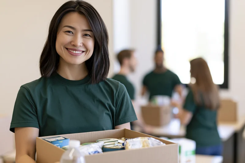 Young asian woman smiling while holding a cardboard box of donated food supplies in a community center