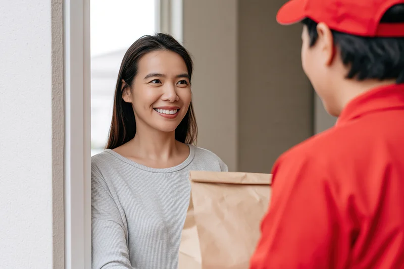Young asian woman smiling at delivery person holding paper bag at front door