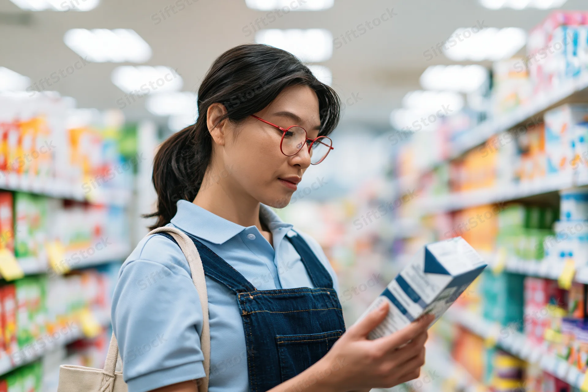 Asian woman reading product label in supermarket aisle