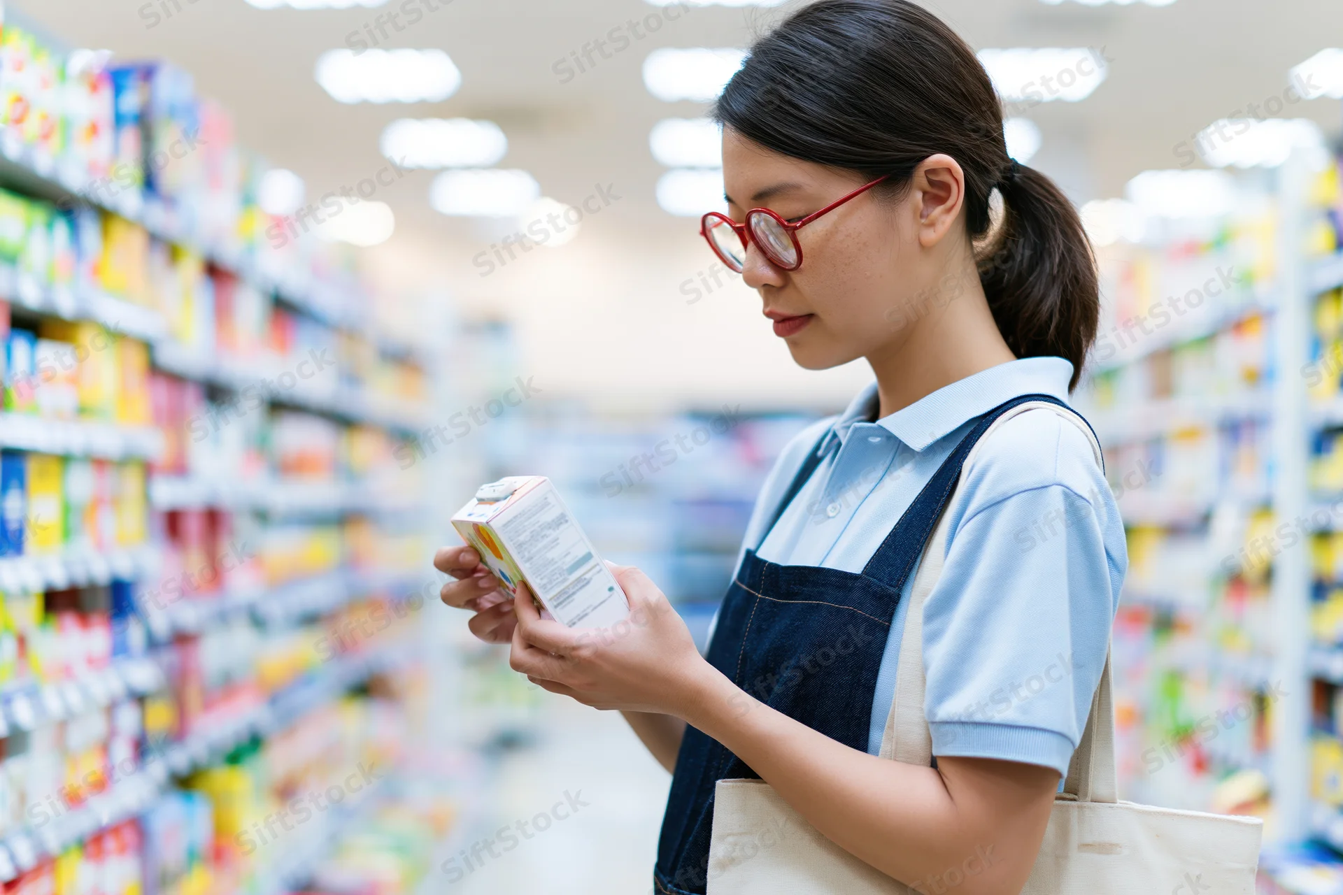 Asian woman reading nutrition label on dairy carton in supermarket aisle