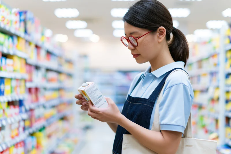 Asian woman reading nutrition label on dairy carton in supermarket aisle