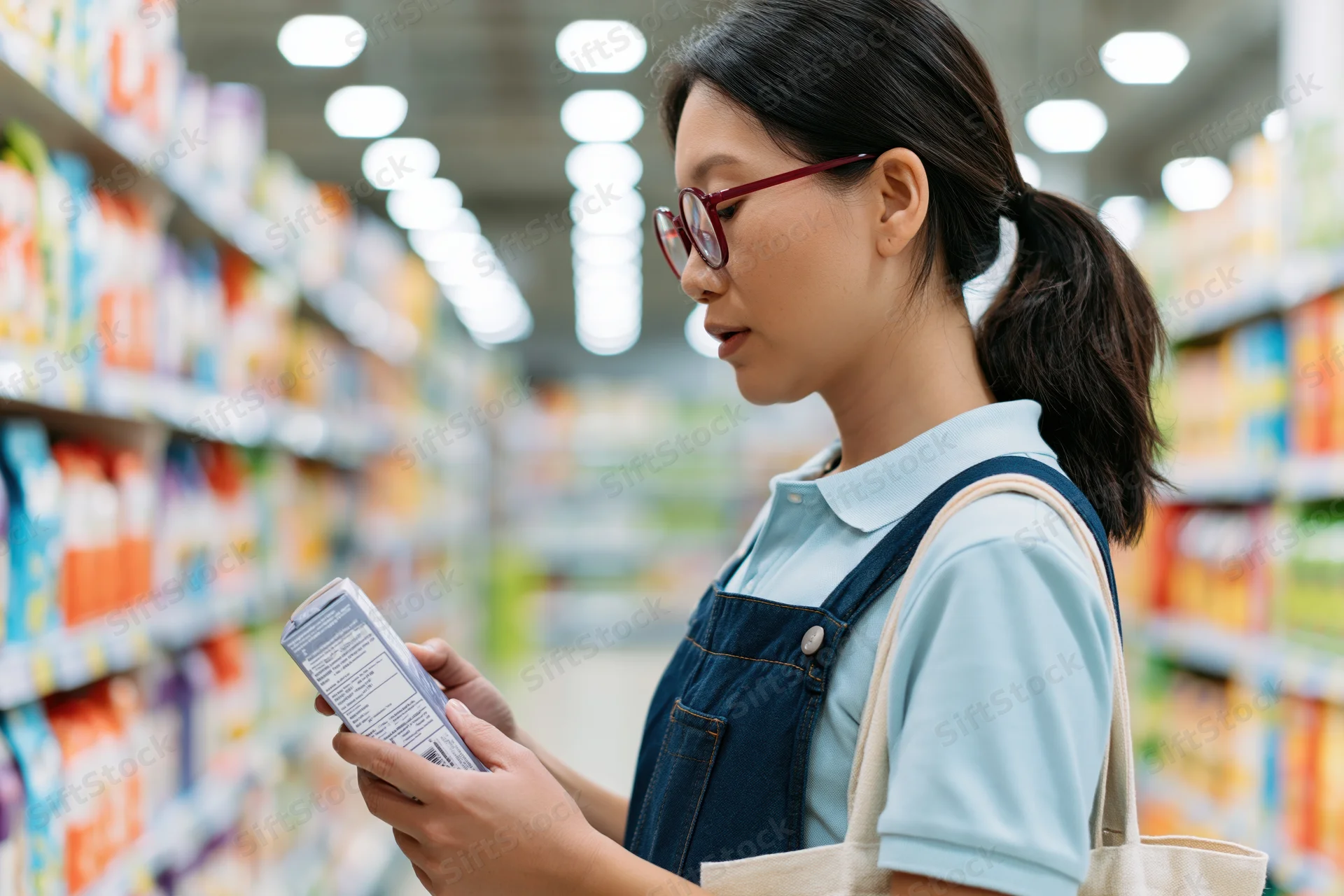 Asian woman reading product label in supermarket aisle