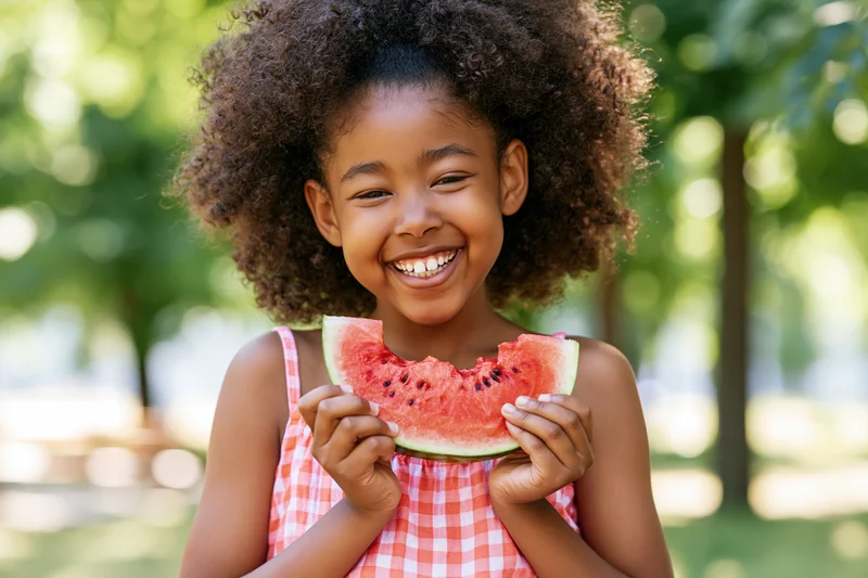 Young black girl laughing while holding a watermelon slice in a sunny park