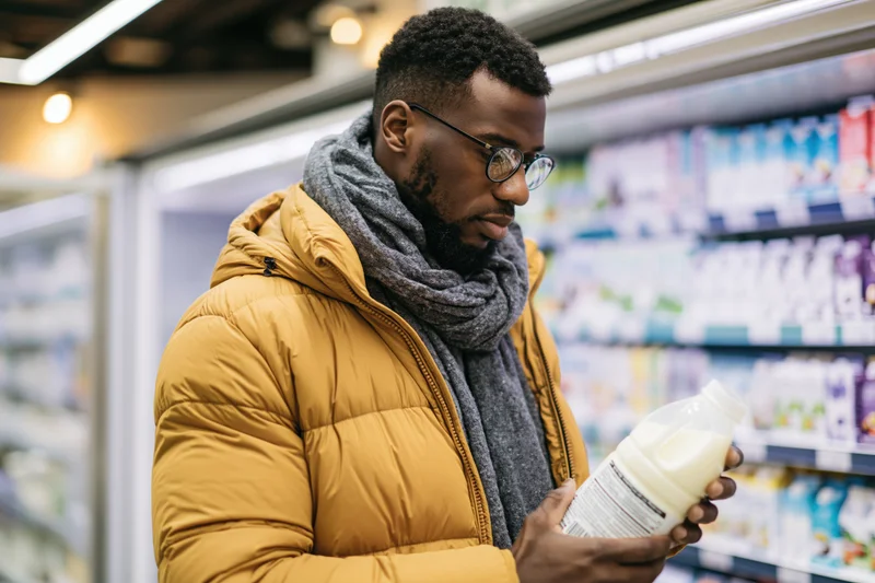 Man reading milk bottle label in supermarket refrigerated section