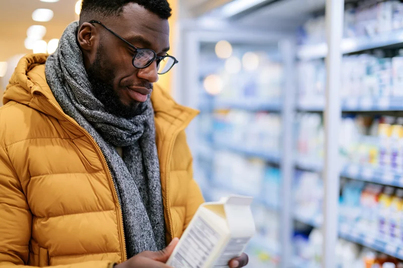 Man reading milk carton label in supermarket aisle