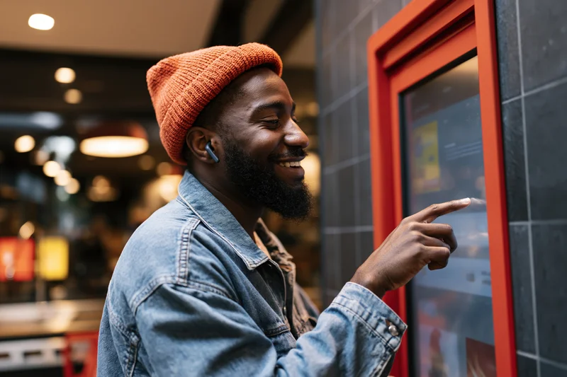 Young black man smiling while tapping a red-framed self-order kiosk in a restaurant interior