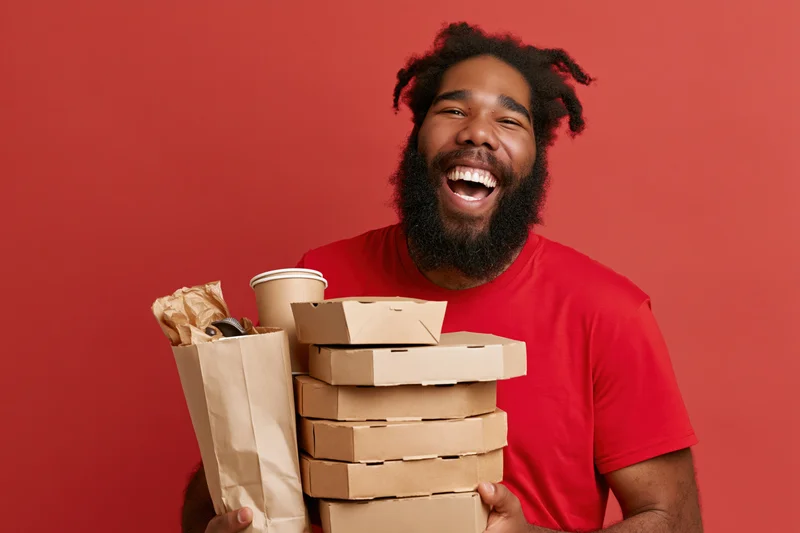 Laughing black man with beard and natural hair holding pizza boxes and paper bag against red background