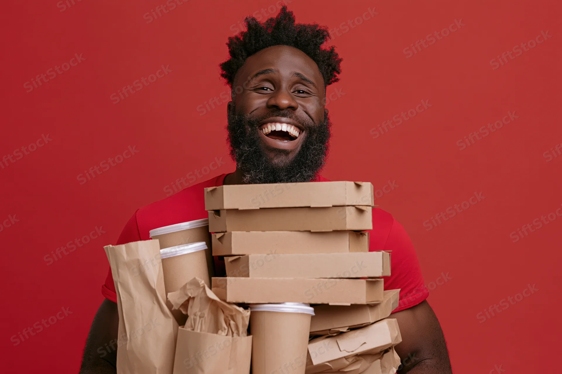 Black man with beard and natural hair laughing while holding stack of pizza boxes and coffee cups against red background